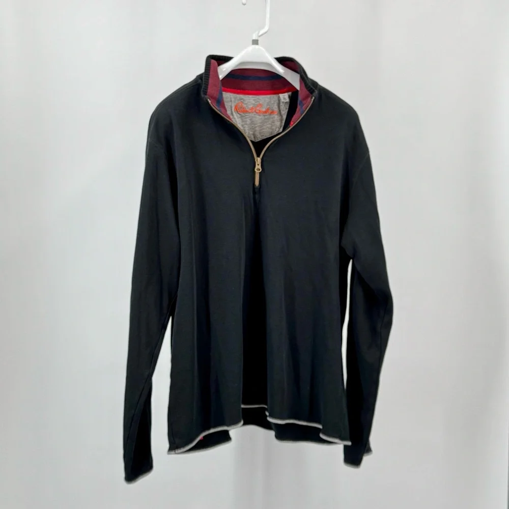 Robert Graham Black Quarter Zip Cotton Sweater with Gray and Red Accents Size XL